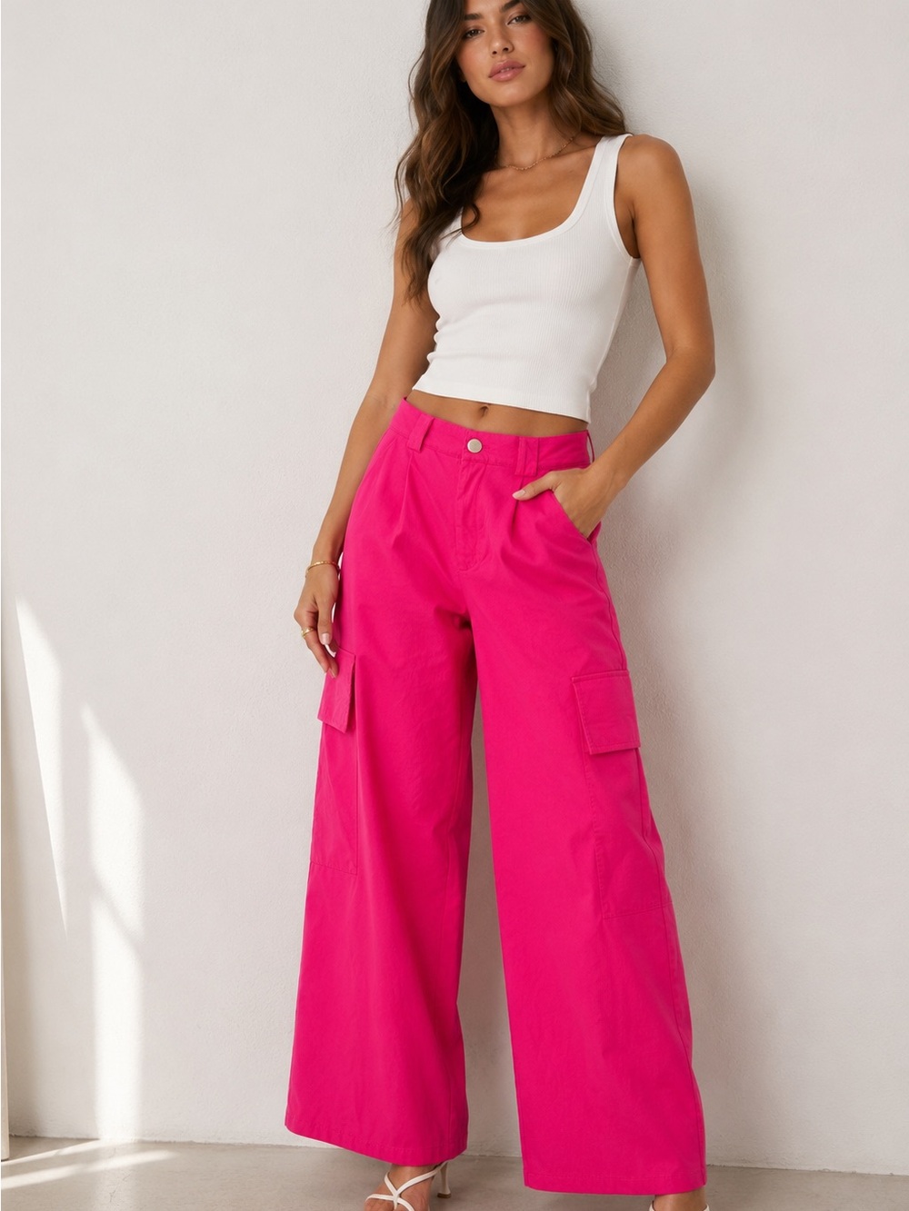 Love‎ Poem Hot Pink Wide Leg Cargo Pants Womens Medium Barbiecore Y2K High Rise